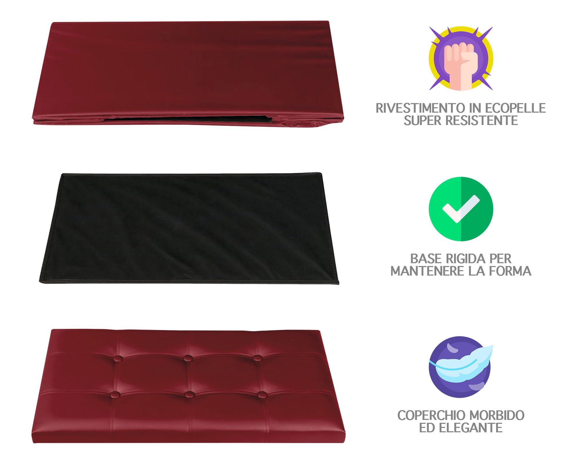 IlGruppone Pouf Contenitore in Ecopelle Cassapanca Pieghevole 87 Litri Capienza,Salvaspazio,Portaoggetti,Seduta Imbottita,Portata 300 kg Rettangolare Pouff Poggiapiedi Sgabello - Bordeaux