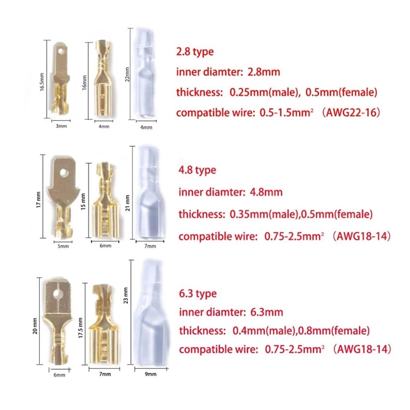 900 Stück 2,8/4,8/6,3 mm weiblich männlich Spaten-Crimp-Steckverbinder elektrische Kabelschuhe Terminal Isolierdraht Schnellspleiß-Sortiment-Set