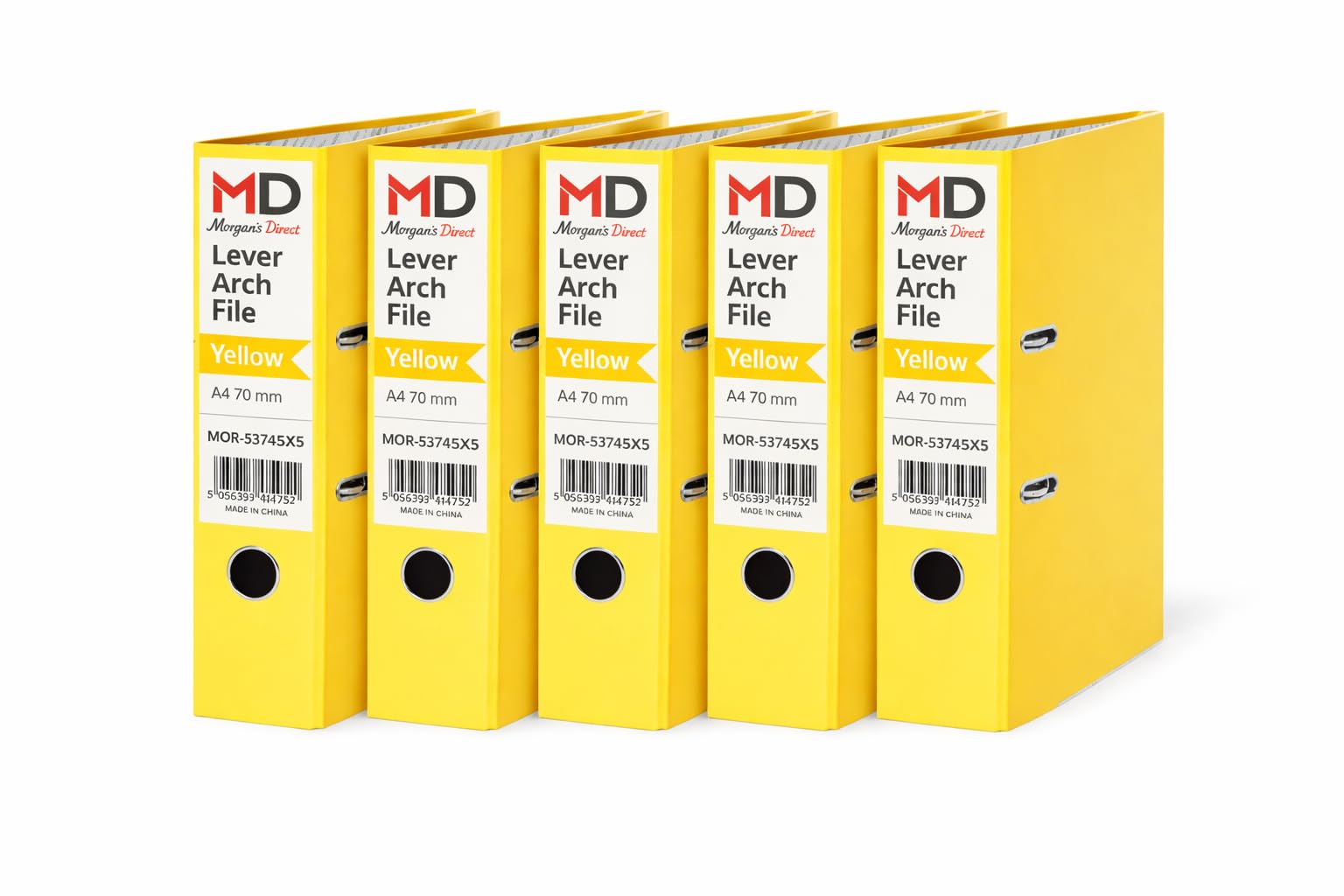 Morgan's Direct A4 Lever Arch Files 70mm Spine โ Pack of 5 | Heavy Duty Lever Arch Binders with Finger Hole & Spine Label | Office, School & Home Filing | (Yellow)