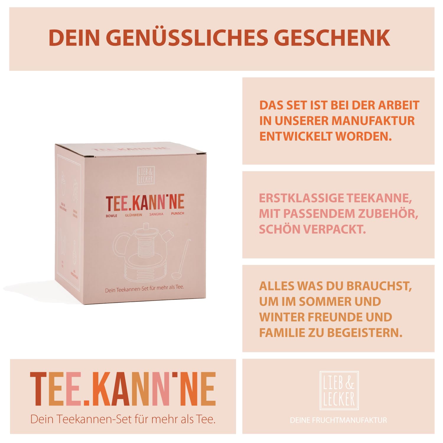 lieb&lecker - Teekanne mit Stövchen + Bowleset + Siebeinsatz - 1500ml Bowlegefäß aus Borosilikatglas, Inkl. Edelstahlkelle, 4x Pikser, Insektenschutz, 2x Rezepte - auch Cocktails + Punschgefäß