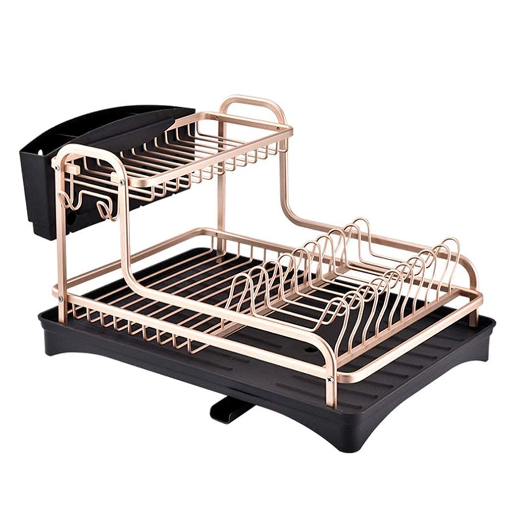 Dish Drainer Rack Dish Drying Rack Aluminum Dish Drying Rack with Removable Cutlery Holder Kitchen Dish Storage Rack,Golden 2-Tier