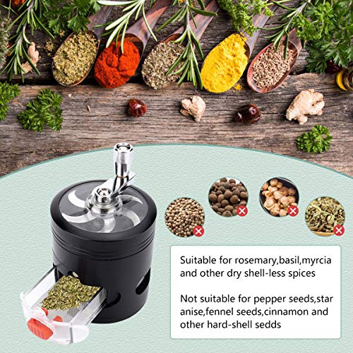 Herb Grinder, Yokilly 4-Piece Black Spice Grinder with Pollen Catcher, Zinc Alloy Manual Grinder with Handle, Clear Top Grinder with Drawer, 2.5 Inches Grinder Hand Cranked