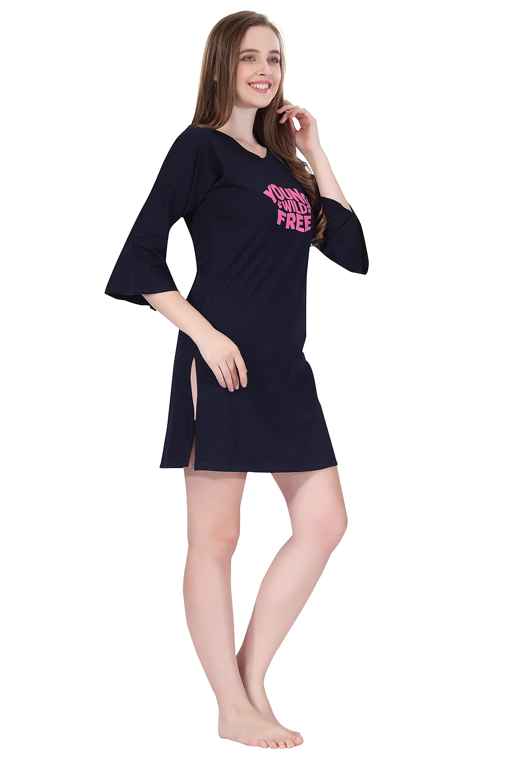 The Wardrobe FarmTWF Bell Sleeve Knee Length Night Dress for Women/Cotton Nighty