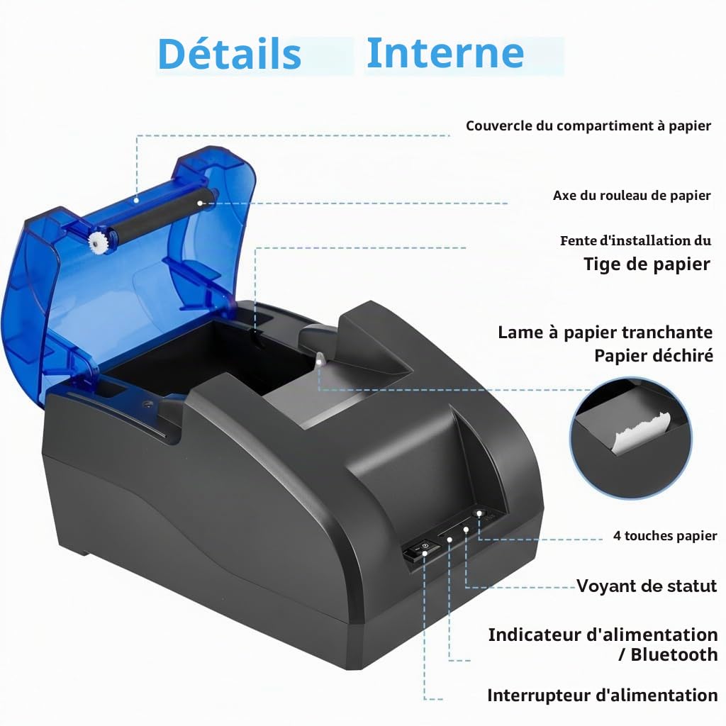 Imprimante thermique, imprimante thermique à reçus, 4 rouleaux de papier thermique, imprimante de cuisine de restaurant, interface Ethernet série USB adaptée pour iOS/Windows/Linux