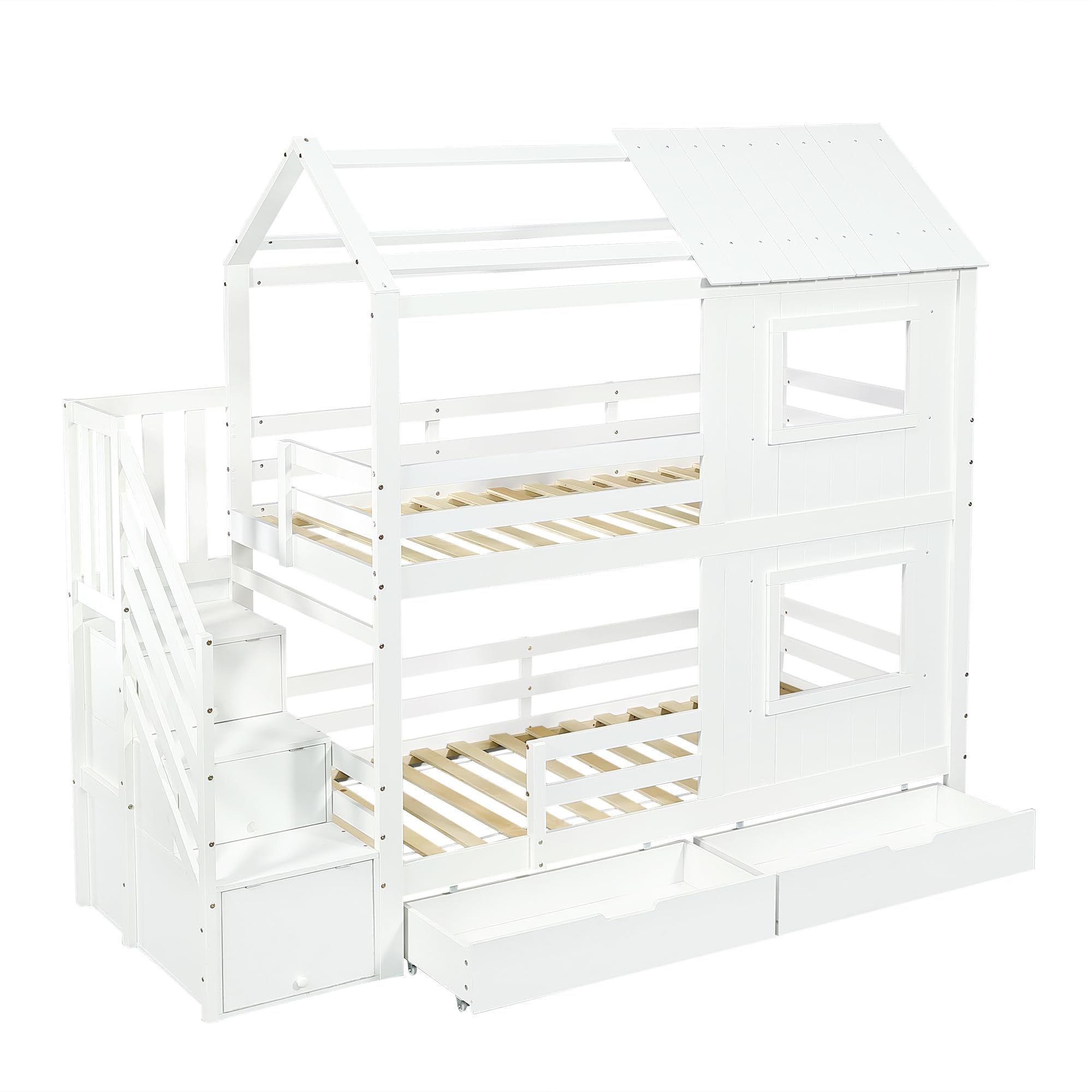 Letto a castello, lettino per bambini, armadio con ripiani, cassetto contenitore con rotelle, belle finestre e tetto, robuste reti a doghe, pino + MDF + compensato, bianco, 90x200 cm