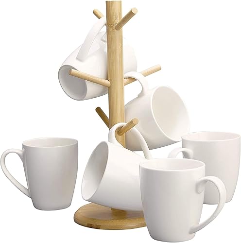 DECORDINE Juego de 6 tazas de café de cerámica de 12 onzas, elegante blanco con soporte, soporte para tazas, árbol organizador de madera con 6