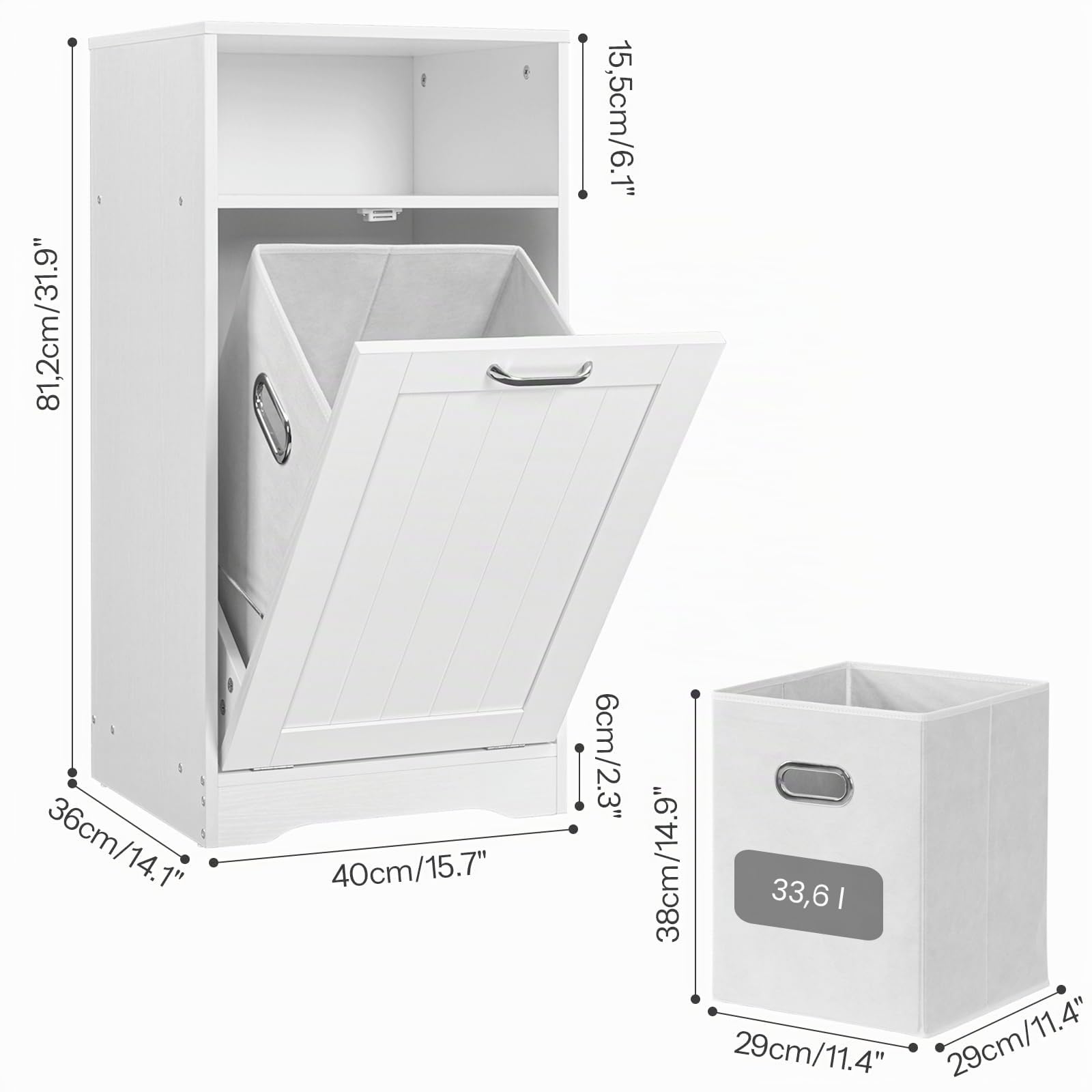 HOOBRO Badezimmerschrank mit Wäschekorb, Wäscheschrank mit Klapptür und verstecktem, herausnehmbarem Wäschekorb, moderner Wäschesammler mit offenem Regal, 40 x 36 x 81,2 cm, Weiß EWT40XY01