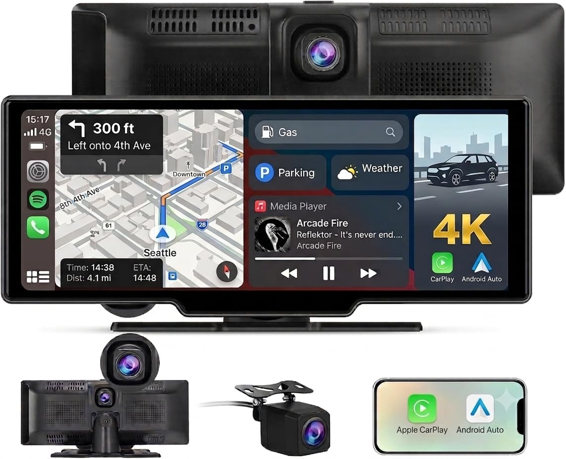 AWESAFE 10.26 Pulgadas Pantalla Coche con Carplay Android Auto, Pantalla Táctil con 4K Dashcam, 1080P Cámara Trasera Incluida, Comandos de Voz, Bluetooth/GPS/FM/AUX/MirrorLink