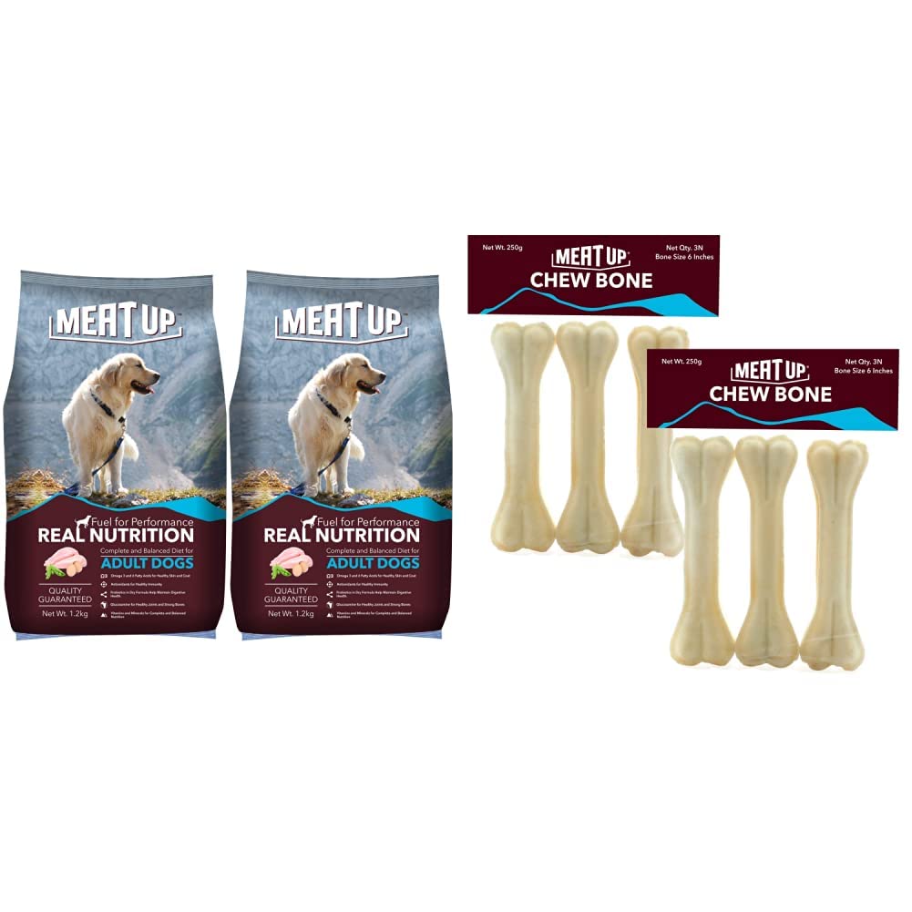 Meat Up Adult Dog Food, Chicken Flavor, 1.2 Kg (Buy 1 Get 1 Free) & Pressed Chew Bones, Dog Treats, 6 inches - Pack of 3 Bones (Buy 1 Get 1 Free) (B092CGNDVL) Amazon Price History, Amazon Price Tracker
