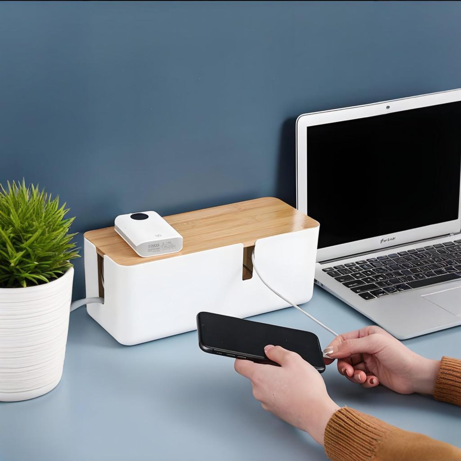 JJQHYC Cable Tidy Box Large Cable Box with Bamboo Lid Cable Management Box White Cable Organiser for Hiding Cables and Plugs - Image 2