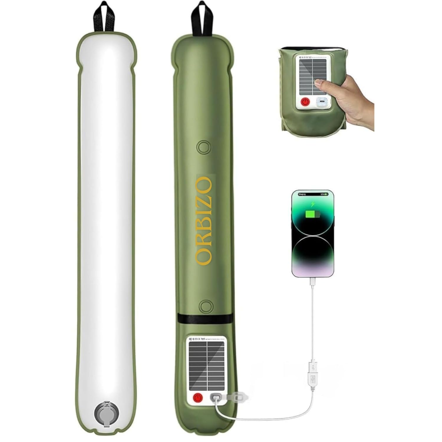 solar inflatable camping light with 3 brightness modes & sos | portable rechargeable led lantern with solar panel & usb charging