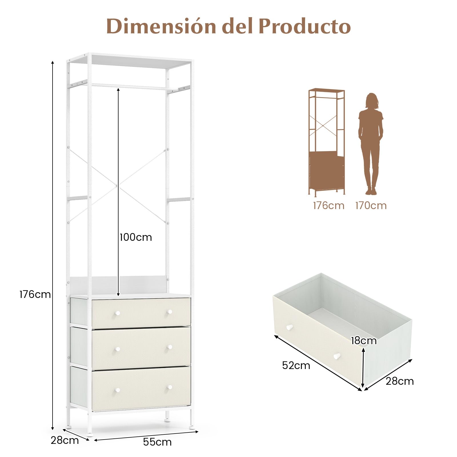 COSTWAY Perchero con 3 Cajones, Organizador de Armario Independiente con Barra para Colgar de 3 Posiciones y Estantes, Dispositivos Antivuelco, Perchero de Entrada Dormitorio, Guardarropa (Blanco)