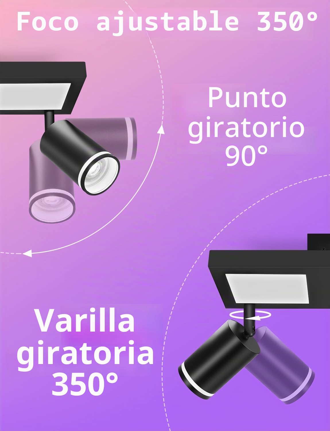 YindaLux Lámpara Techo Focos Giratorios GU10, RGB 30W 3600LM Foco de Techo con Mando a Distancia, Negro Plafón de con 4 Focos con Luz Inferior 10W+4x5W GU10 para Salon