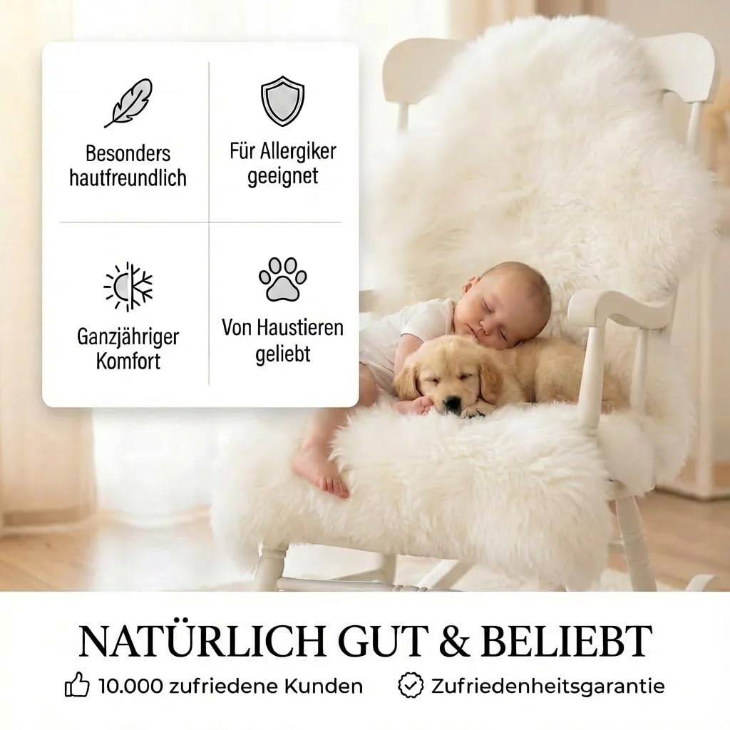 Premium Lammfell weiß 110cm - echtes Merino Schaffell | Superzartes Kuschelfell, echtes geruchsfreies Lammfell. warm im Winter und kühlend im Sommer