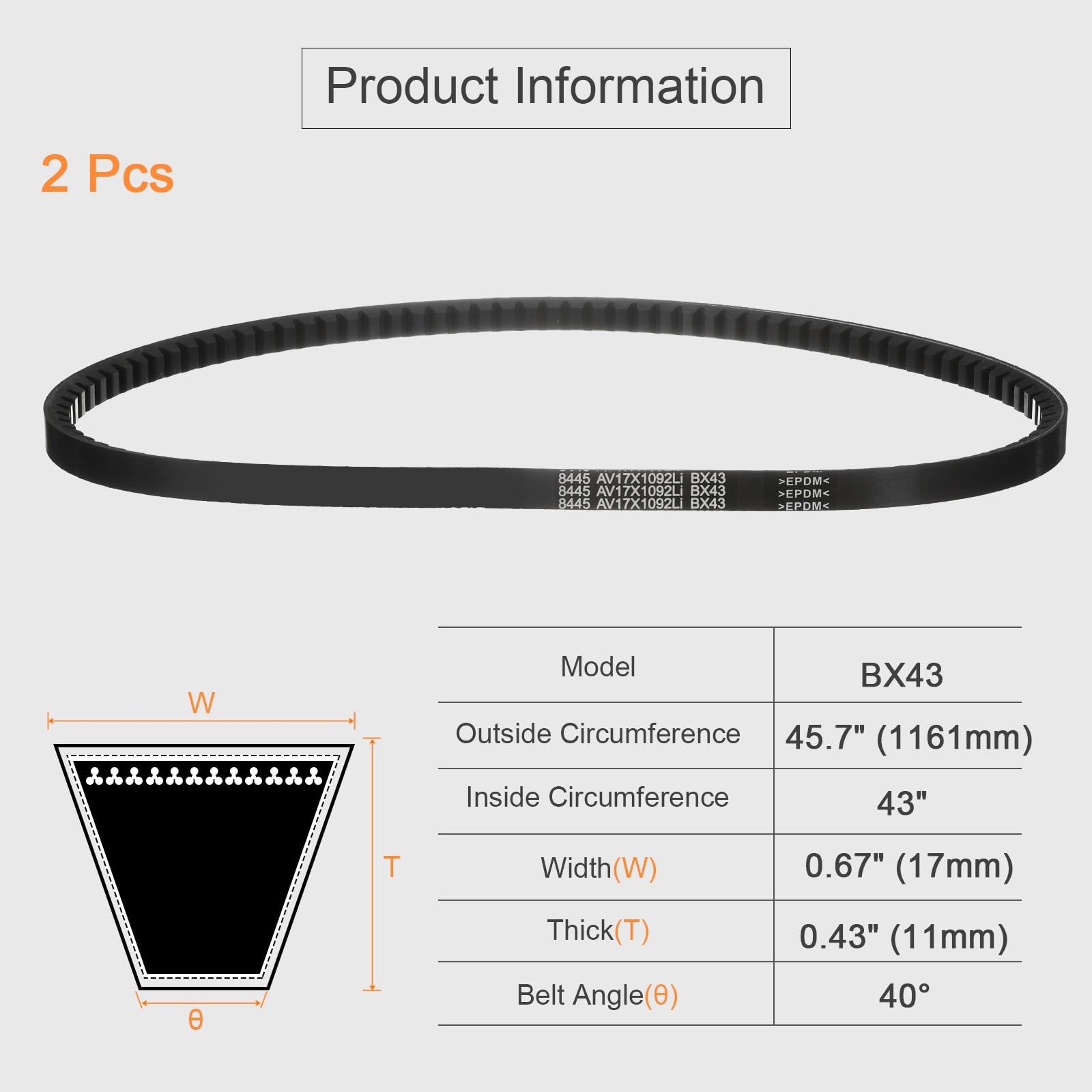 sourcing map 2 correas trapezoidales BX43 EPDM, borde sin procesar, de goma industrial, 1,7 cm de ancho x 109,2 cm de circunferencia interior