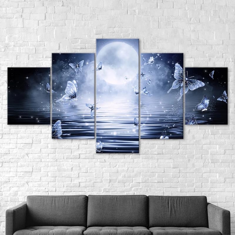 5 piezas de arte de pared Mariposa abstracta,luna llena,océano,vista nocturna impresión de lienzo de pared arte pintura,impresión en lienzo 5 piezas cuadro sobre lienzo,cuadro en lienzo 150x80cm