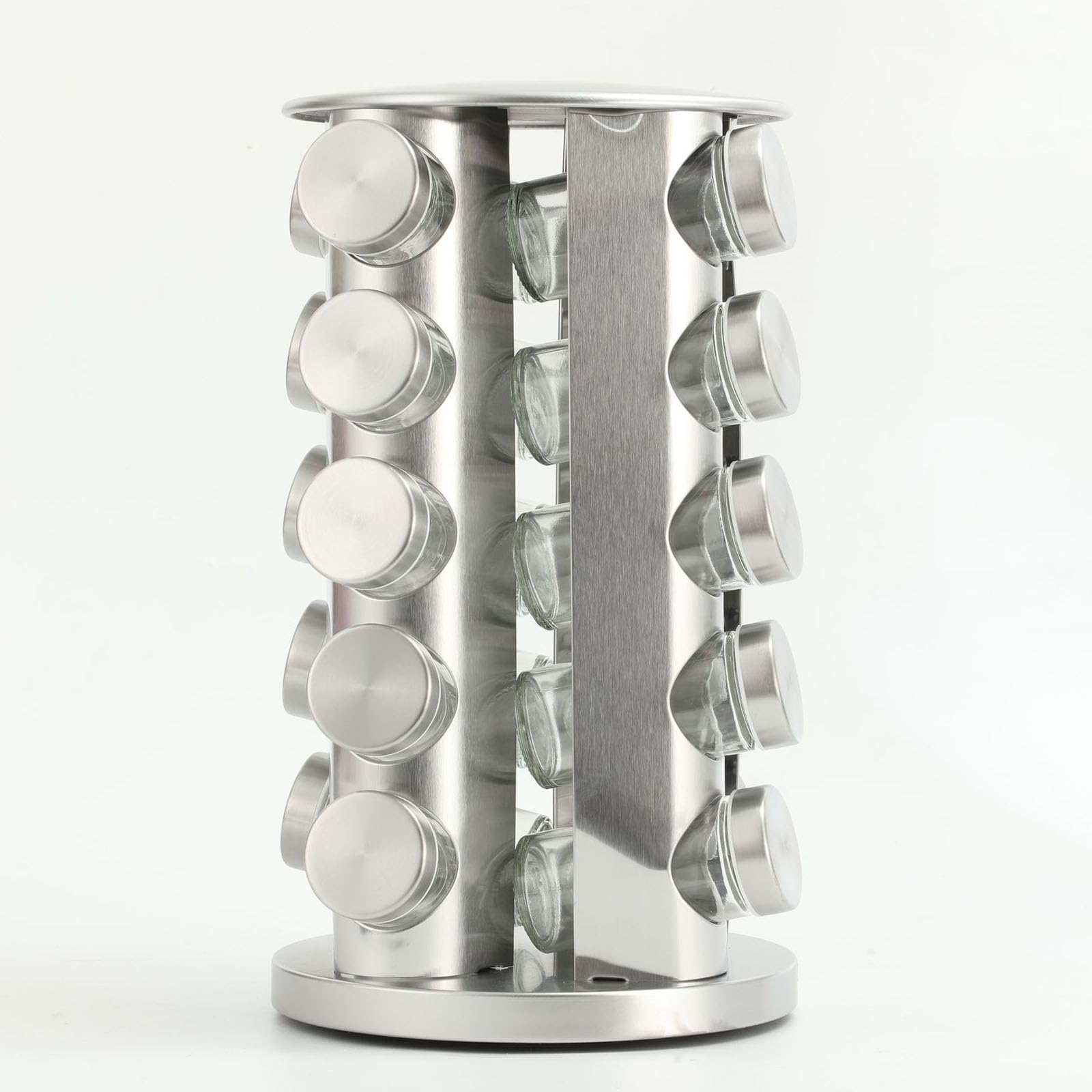 épices rotatif avec 20 pots d'épices, organisateur de tour d'épices de cuisine pour comptoir ou armoire, gadgets de cuisine (acier inoxydable). (Silver, 20)