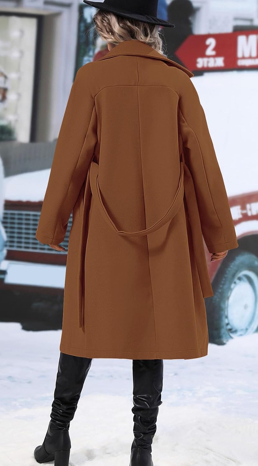 SAUKOLE Women's Trendy Lapel Collar Double Breasted Wool Blend Coats Winter Pea Overcoat Pocketed Outwear with Belt - Image 5