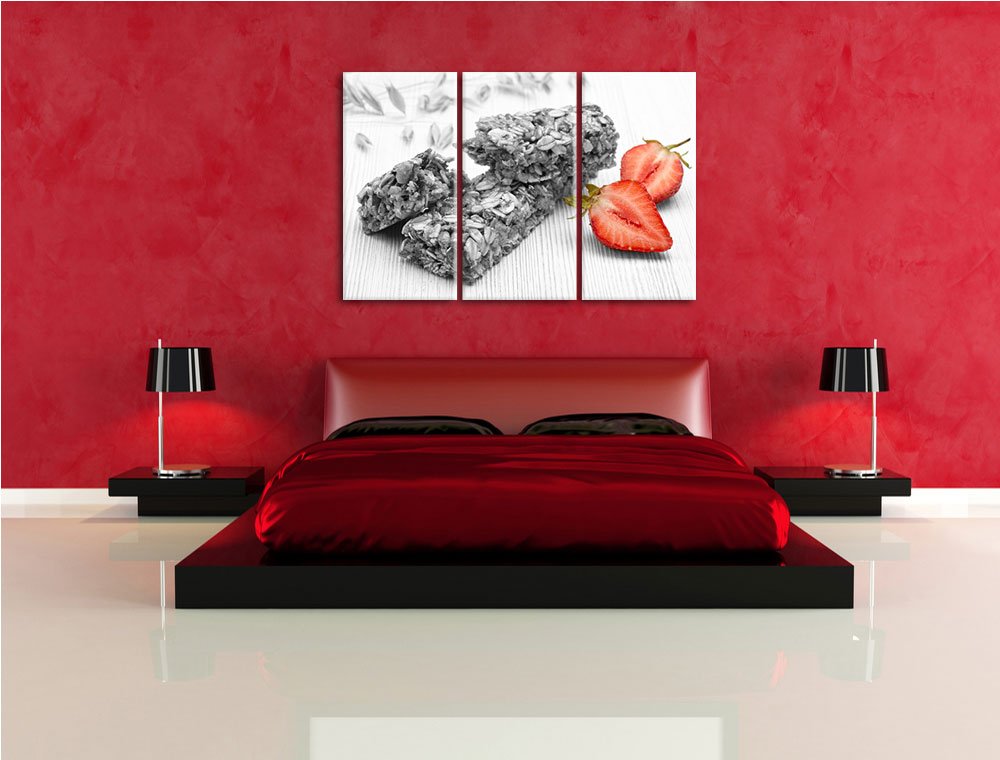 Pixxprint Bio Müsliriegel mit Erdbeere B&W, Leinwandbild 3 Teilig, Gesamtmaß: 120x80cm, Wandbild, Dekoration, fertig gespannt, Kein Poster