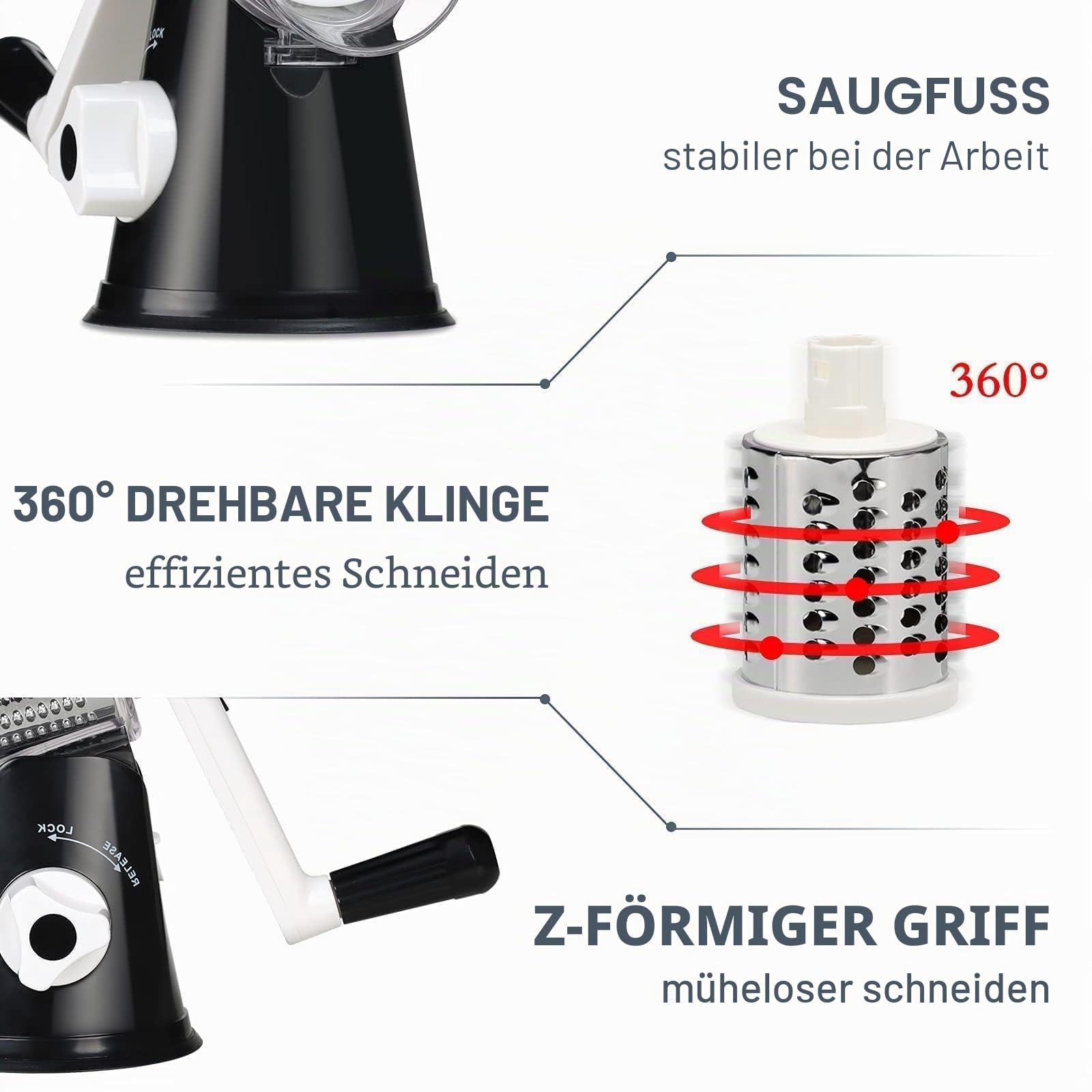 KEOUKE Rotary Cheese Reibe mit Griff Gemüse Käse Shredder Slicer Reibe für Küche 3 Wechselklingen für Käse Kartoffel Zucchini Nüsse Schokolade - Schwarz