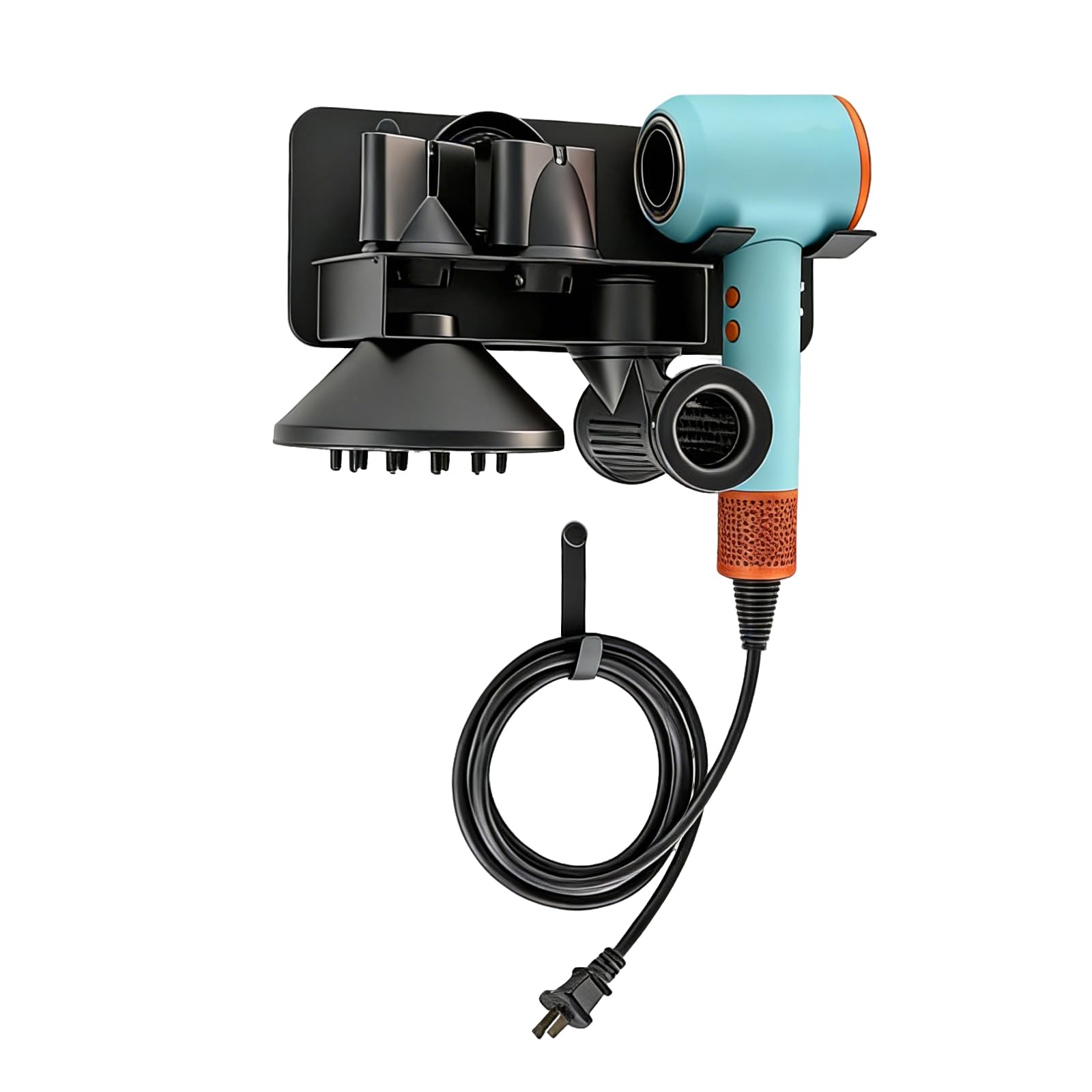 6 en 1 Support Seche Cheveux sans Percage Compatible avec Dyson Supersonic Nural HD16/ HD19, Porte Seche Cheveux Mural Métallique avec Rangement des Câbles, Convient pour 5 Embouts,29 * 12cm | Revêtement antirayures protège votre sèche-cheveux Dyson au qu