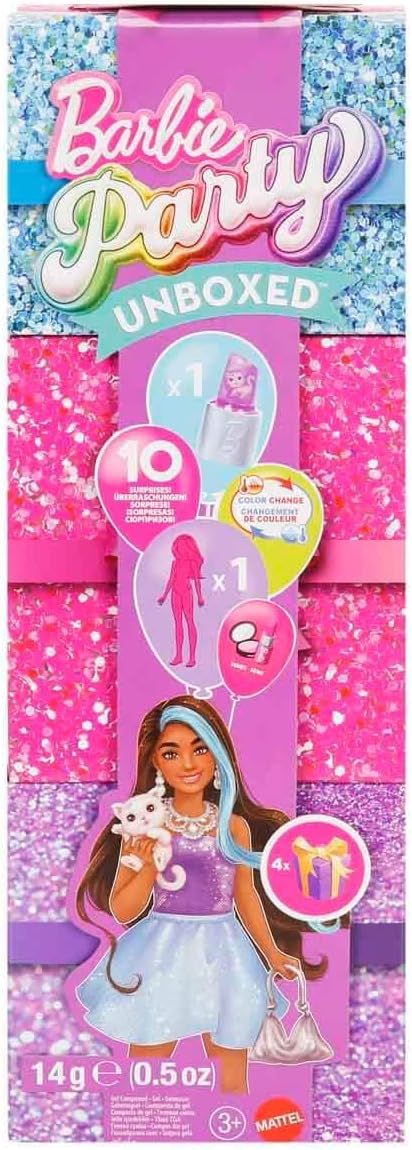 Barbie Party Unboxed Doll & Accessories, Glam Party Series with 10 Surprises Including Color-Change, Purple Sparkle Doll