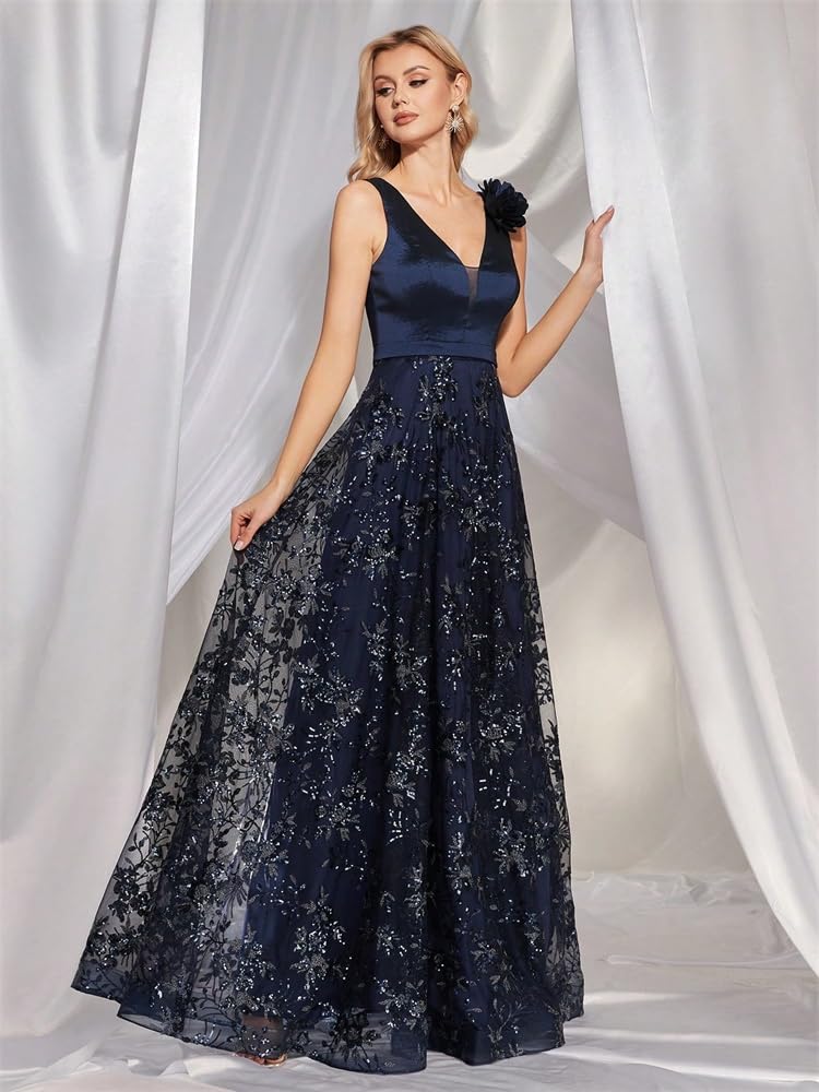 Vestido de Graduación para Mujeres Elegante Vestido de Noche con Escote en V y Flores Doradas, Largo de Gasa sin Mangas for Mujer, Vestido de Fiesta, Vestido de cóctel de graduación(Blue,S)