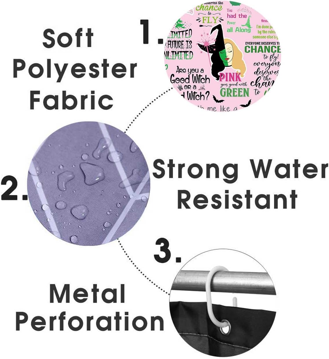 4PCS Wicked Witch Shower Curtain Sets with Rugs, Waterproof Fabric Pink and Green Shower Curtain, Funny Magic Witchy Bathroom Decor, Wicked Witchy Gifts for Women & Teen Girls