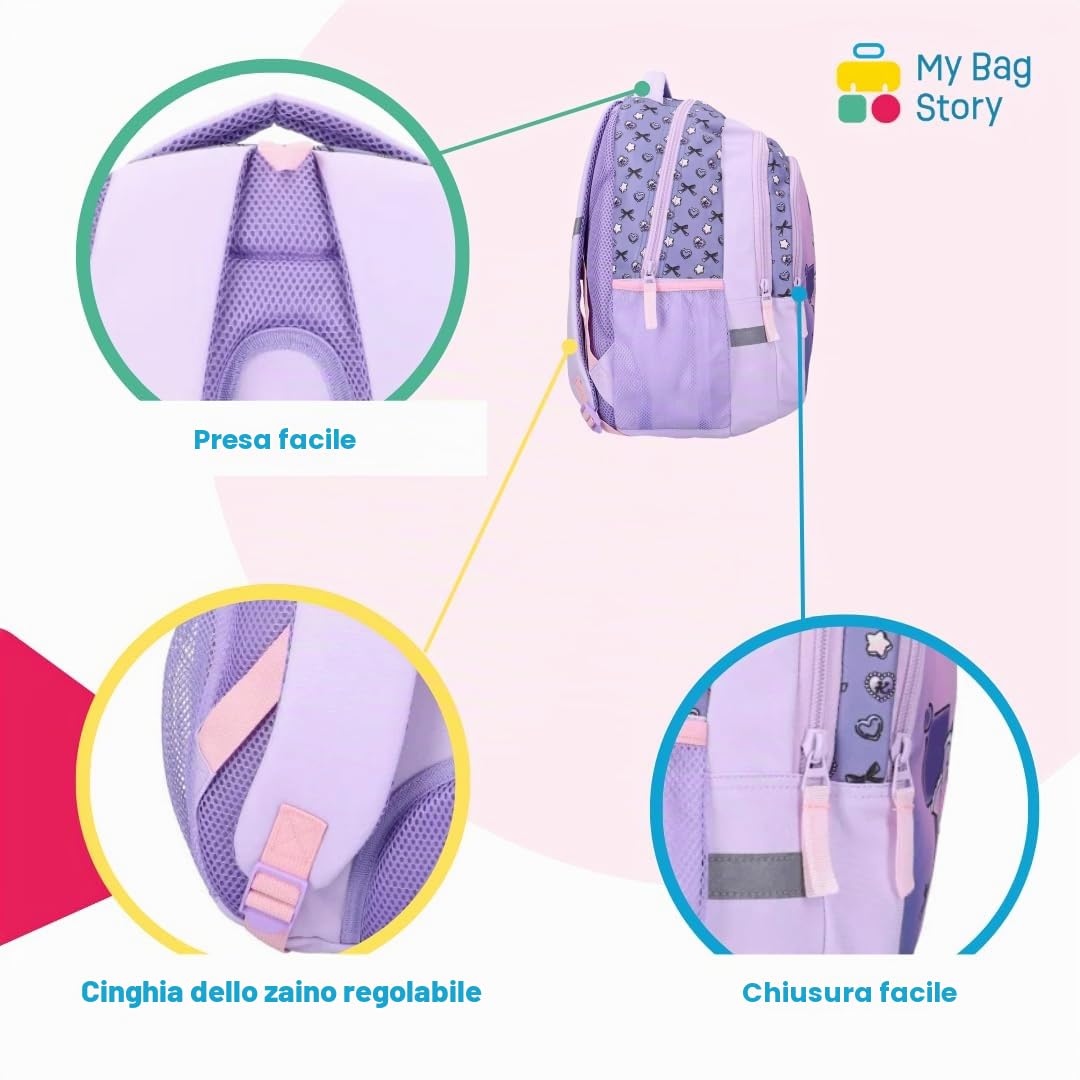 mybagstory Zaino Kuromi Viola Ufficiale Sanrio | Zaino scolastico grande capacità per la scuola elementare | Zaino Kawaii leggero e resistente | Idea regalo per rientrare e tempo libero da 5 anni