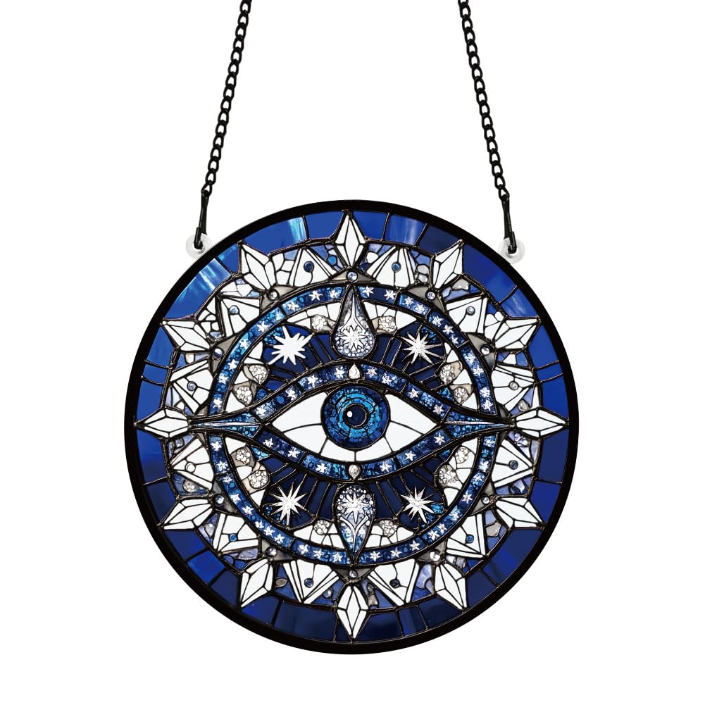 PLIGREAT Painted Evil Eye Stained Suncatcher Window Wall Art Hanging Ornament Acrylic Light Catcher Art Crafts for Garden Home Indoor Outdoor Hanging