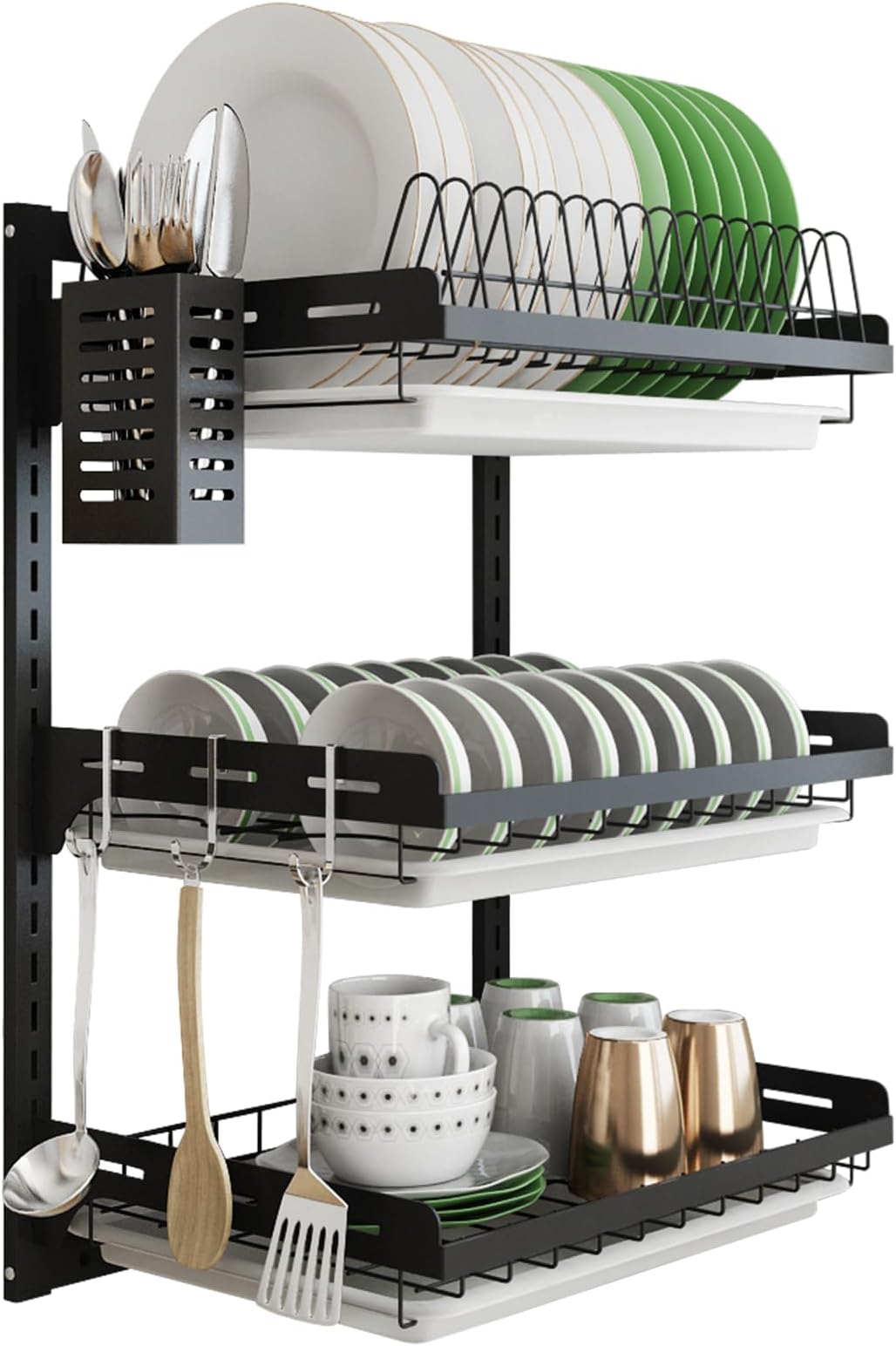 junyuan Hanging Dish Drying Rack Wall Mount Dish Drainer,3 Tier Kitchen Plate Bowl Spice Organizer Storage Shelf Holder with Drain Tray With 3 hooks,Stainless steel black coating (3 tier, 21.8)