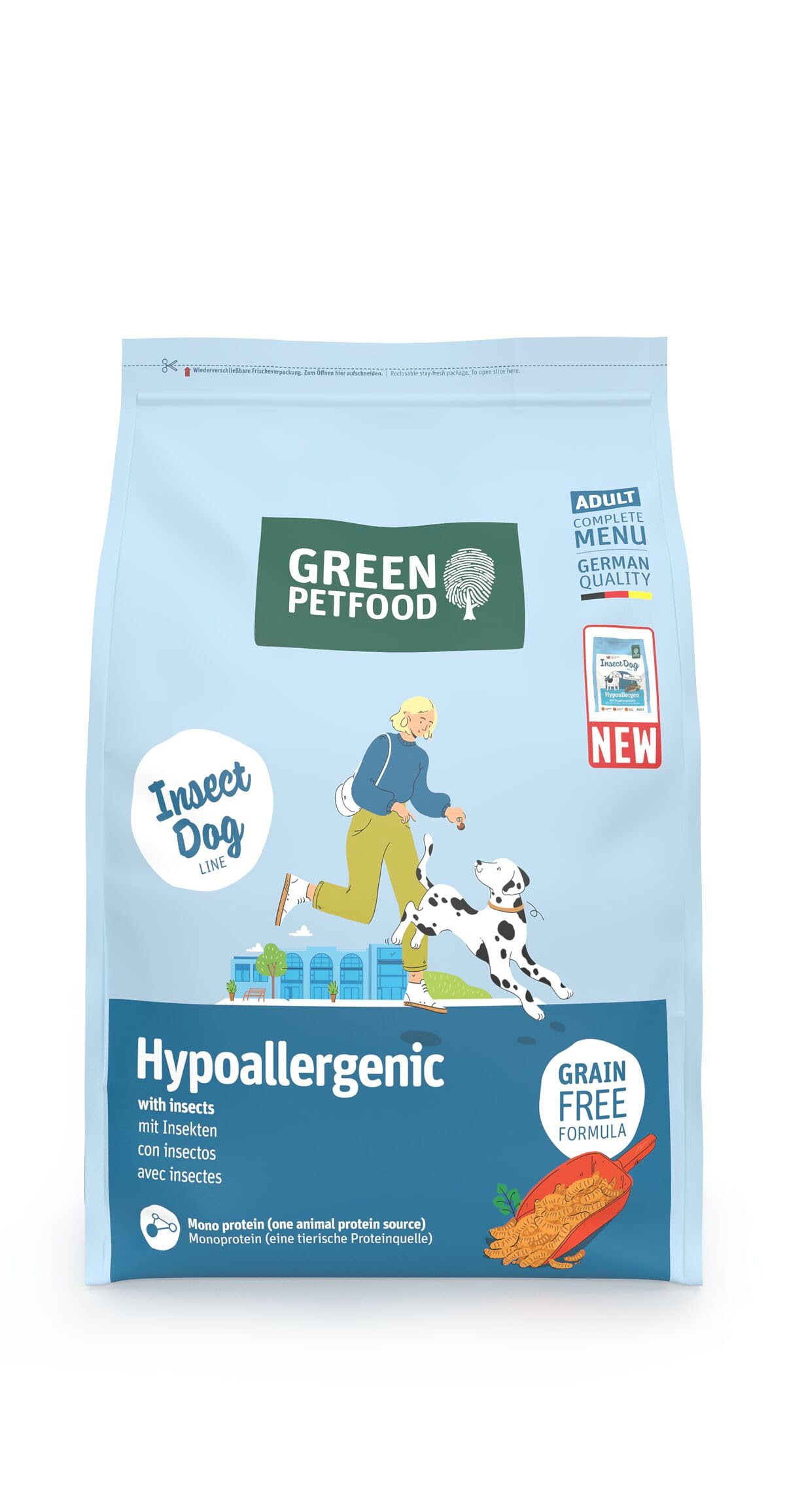 Green Petfood InsectDog hipoalergiczna karma z owadami (1 x 3 kg), dla dorosłych, sucha karma premium dla dorosłych psów alergicznych, bez zbóż, trwała karma dla psów, niemiecka jakość, 1 opakowanie