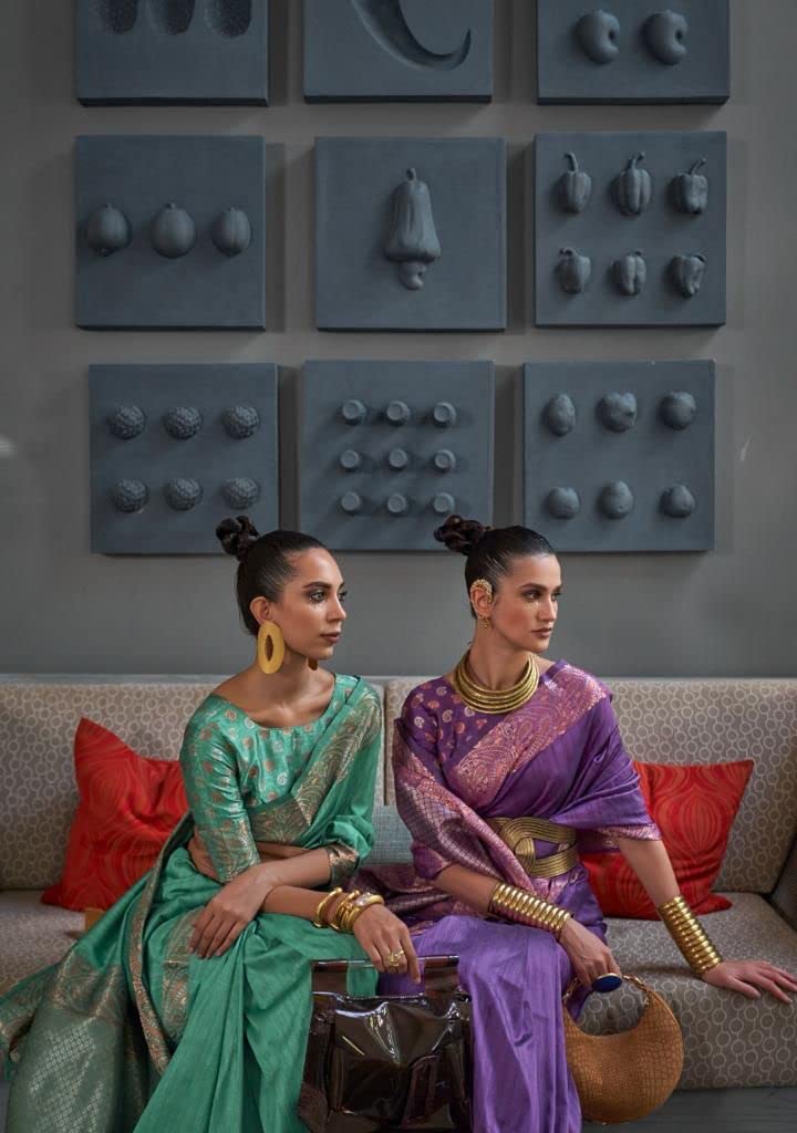 Blusa sari de seda tejida con textura de mujer india 7345 (verde)