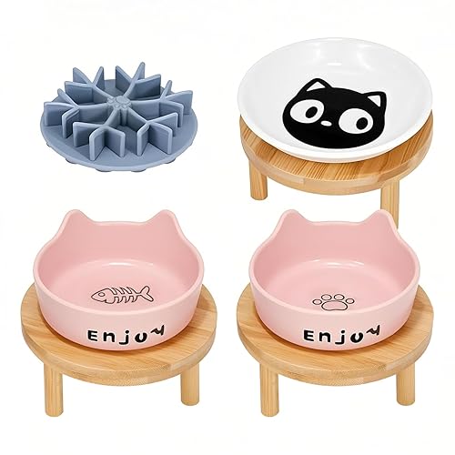 3PCS Elevated Cat Bowls,Wide Raised Ceramic Pet Dishes with Bamboo Stand, Whisker Friendly Pet Water or Food Plates Feeding Station for Indoor Small Dogs, Kitten (Pink(3PCS)) - pink(3PCS)