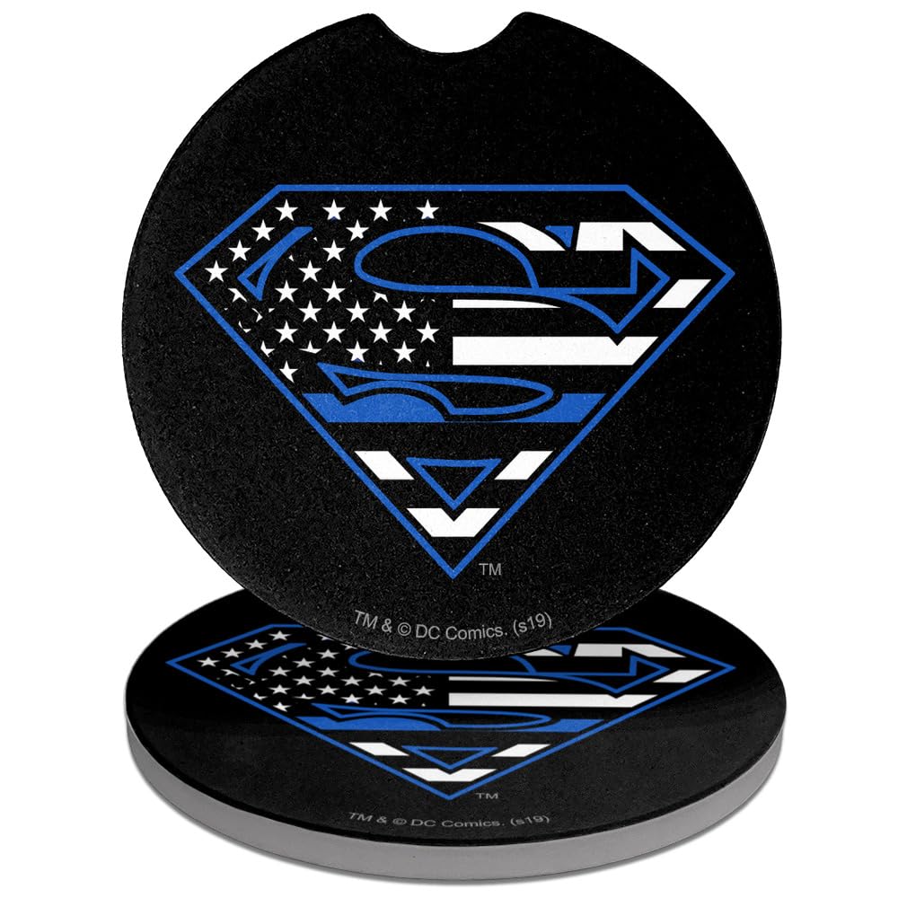 GRAPHICS & MORE Superman Thin Blue Line Flag Shield Logo Car Coasters, Pack of 2, 2.5" Ceramic Stone