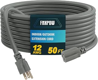 Indoor Outdoor Extension Cord, 12 Gauge 3 Prong Weatherproof Heavy Duty Gray Extension Cords，12/3 SJTW 15A 50 FT Extension Cable for Garage, Garden and Home, ETL Listed
