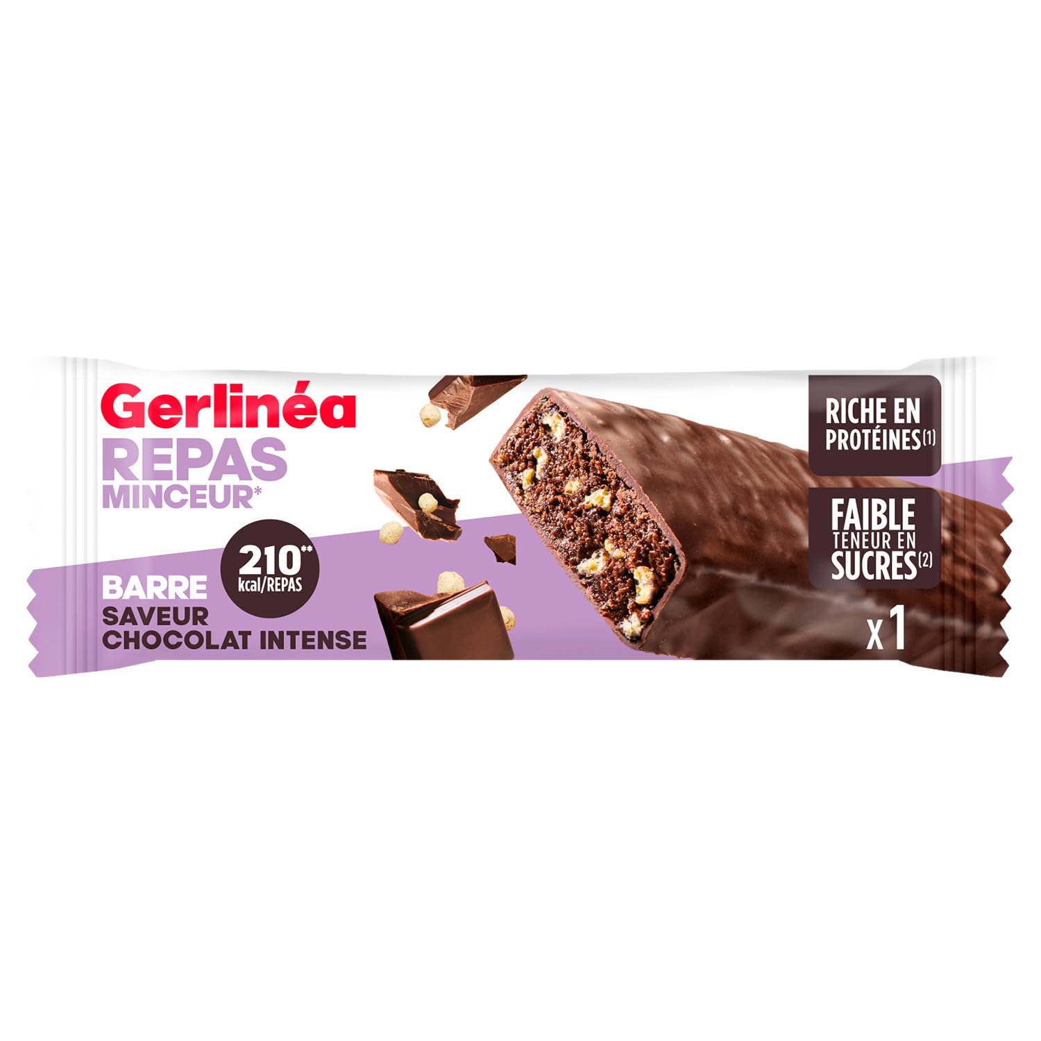 GERLINEA Barre Repas Minceur Chocolat Intense 62 g - Riche en Protéines, Faible en Sucres, 210 kcal par Repas - Lot de 4