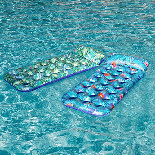 Finduwill Inflatable Pool Floats Raft, 2 Pack Float With Headrest For Adults, X-Large, Cooling Floaties Contour Lounger (Monstera Green & Monstera Blue) #TOP2