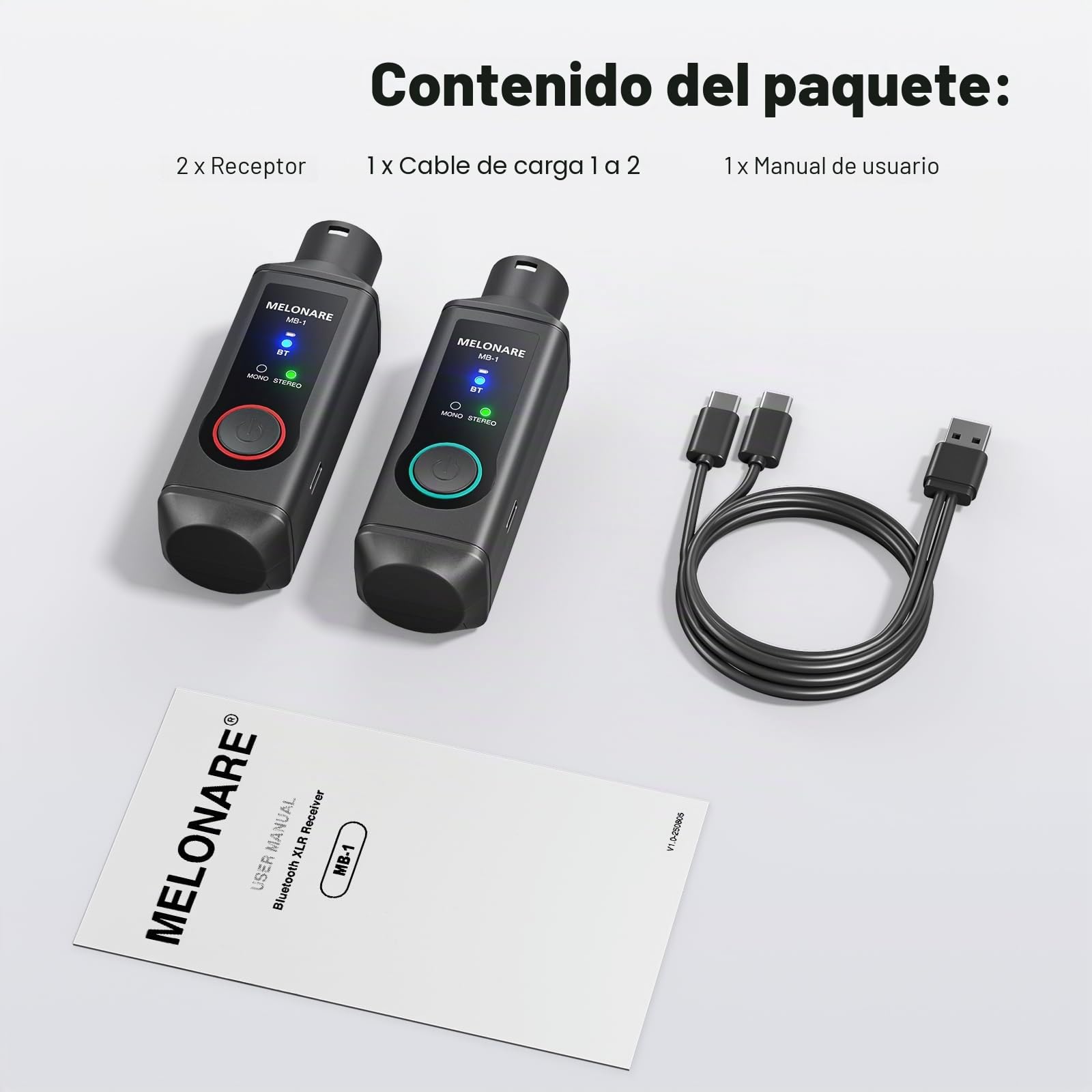 MELONARE Receptor Bluetooth XLR BT 5.3 Mono/Estéreo 15 h MB-1 | Batería 15 h, audio Hi-Fi, alcance 150 ft, adaptador Bluetooth para altavoces, PA, mezcladores, DJ