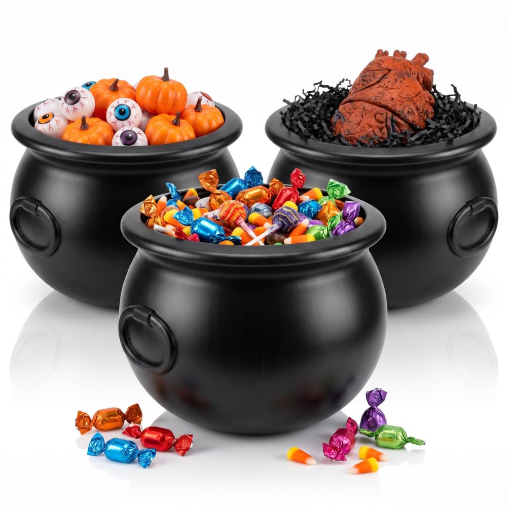 PMU 3 Pcs Halloween Cauldron - 12" Witch Plastic Cauldron bowl Black, For Halloween Decor