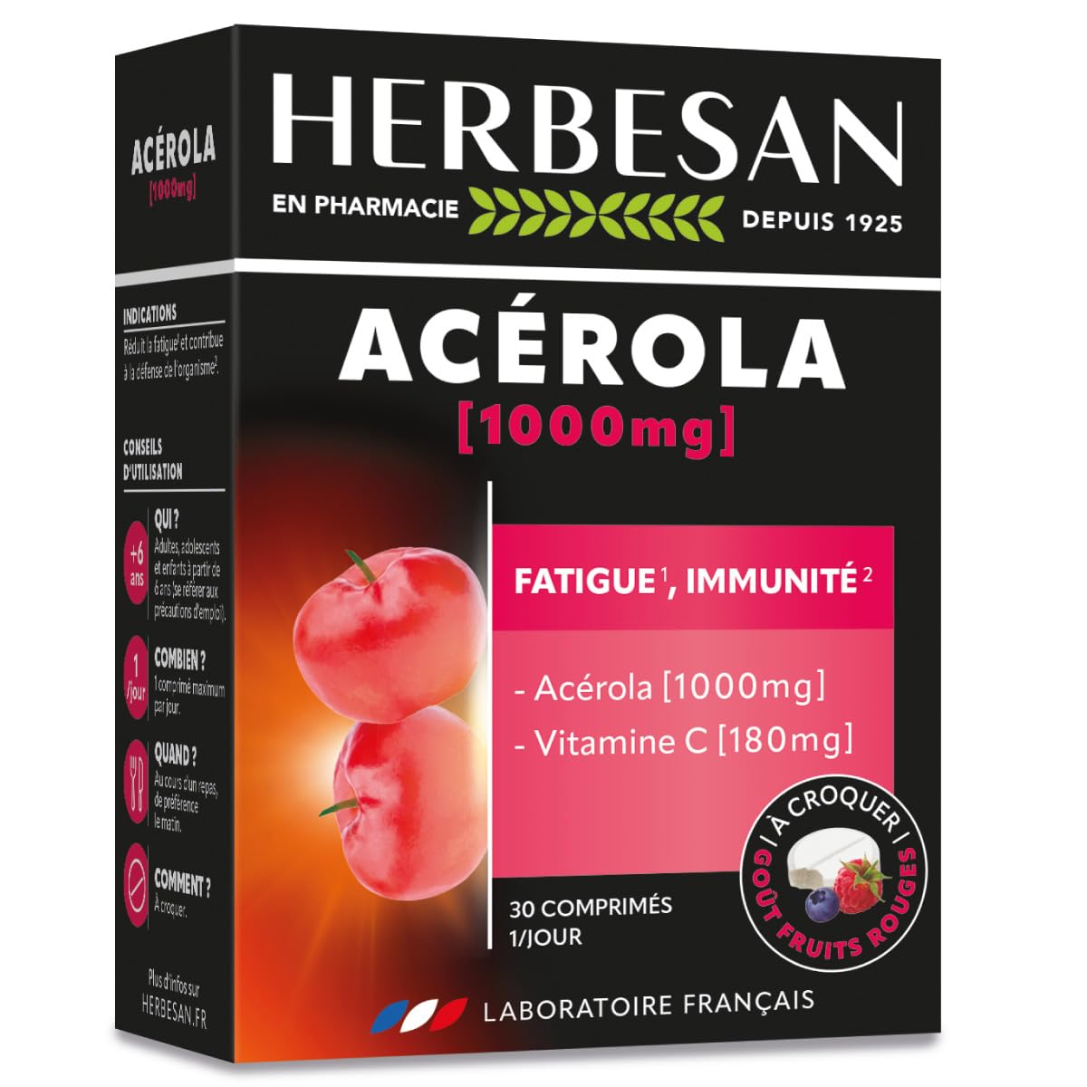 HERBESAN®- ACÉROLA 1000 -​Vitalité- Goût fruits rouges - Haute concentration en Vitamine C - Réduction de la fatigue - 30 comprimés à croquer