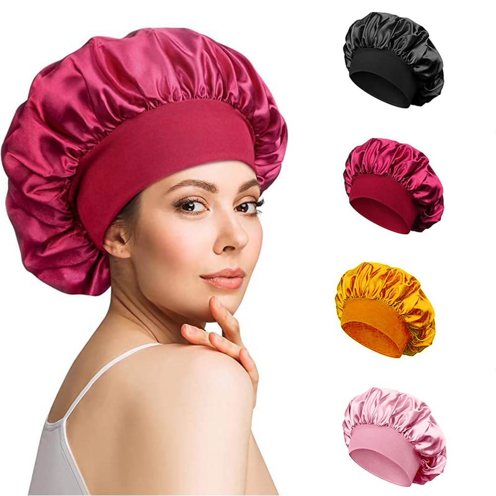 WZHHDM Satin Hats, Pack of 4 Satin Hair Caps, Night Cap Made of Silk Sleep Caps for Women and Girls (Black, Red, Wine Red