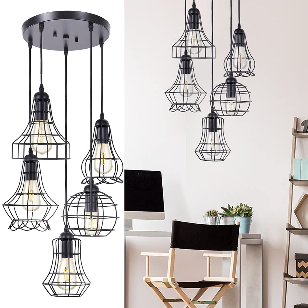 Buy Wellmet Industrial Pendant Light with Black Metal Cage Shade, 5