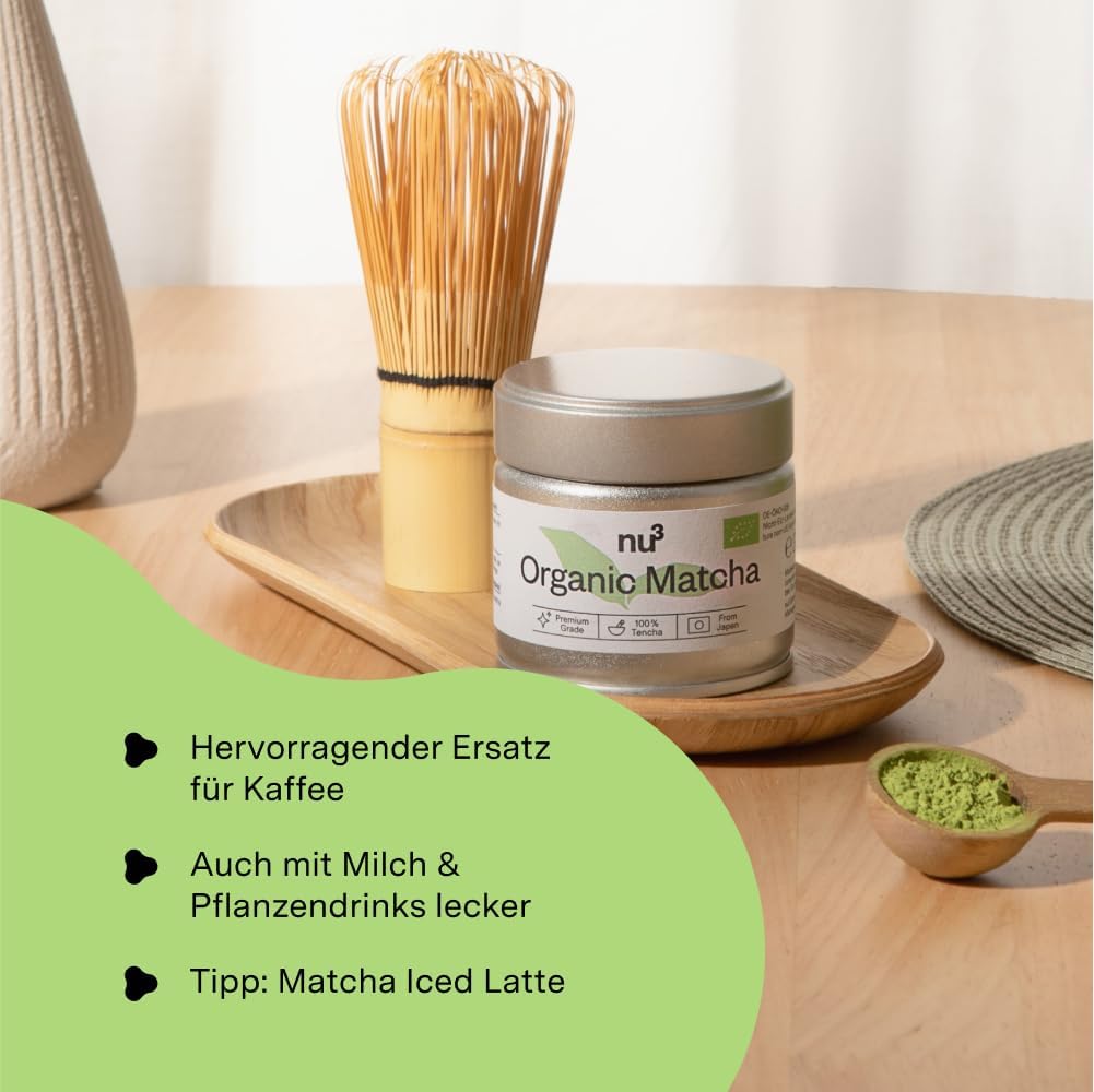 nu3 Bio Matcha Pulver – reiner Tencha-Matcha aus Japan, milder Geschmack, intensiv grün, ohne Zusätze, vegan, glutenfrei, bio, feinster Grüntee, als Kaffe-Ersatz oder zur Entspannung - 3x30 g