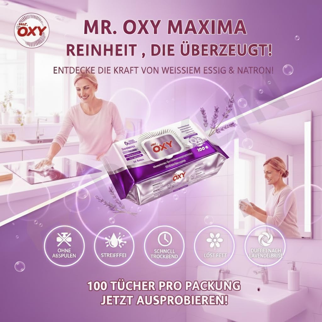 Mr. OXY Maxima Toallitas de limpieza multiusos – Sin rayas, desengrasante y secado rápido, aroma a brisa de lavanda – con vinagre blanco y bicarbonato de sodio – Sin enjuague, fácil limpieza (paquete