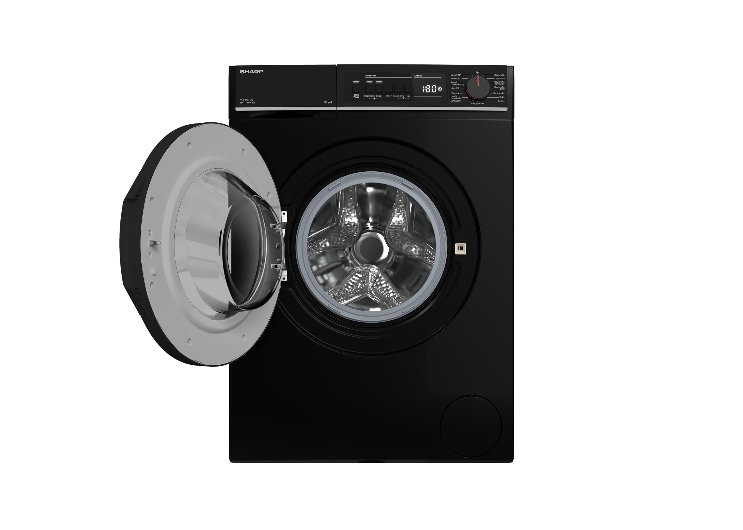 SHARP ES-PRO814BA-DE Waschmaschine 8 kg EEK A 1400 U/min WiFi Inverter Motor Dampf AquaStop Schwarz