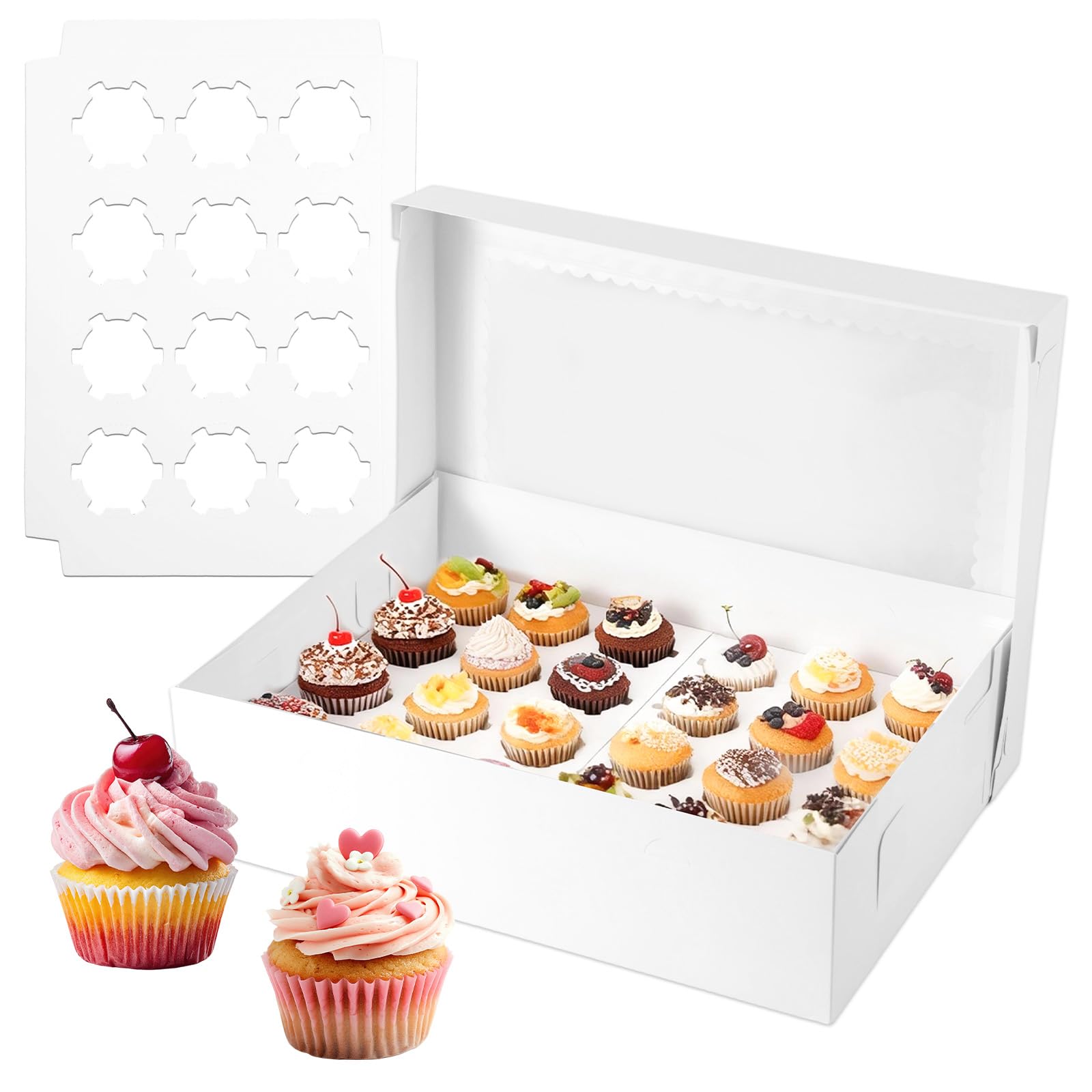 5stk Cupcake-Boxen 24 Stück mit Fenster, Wellpappe Mini-Cupcake-Behälter Höhenverstellbare Einsätze für Bäckerei Desserts Kekse Muffins Partys Geschenkverpackung (39x28x10cm)