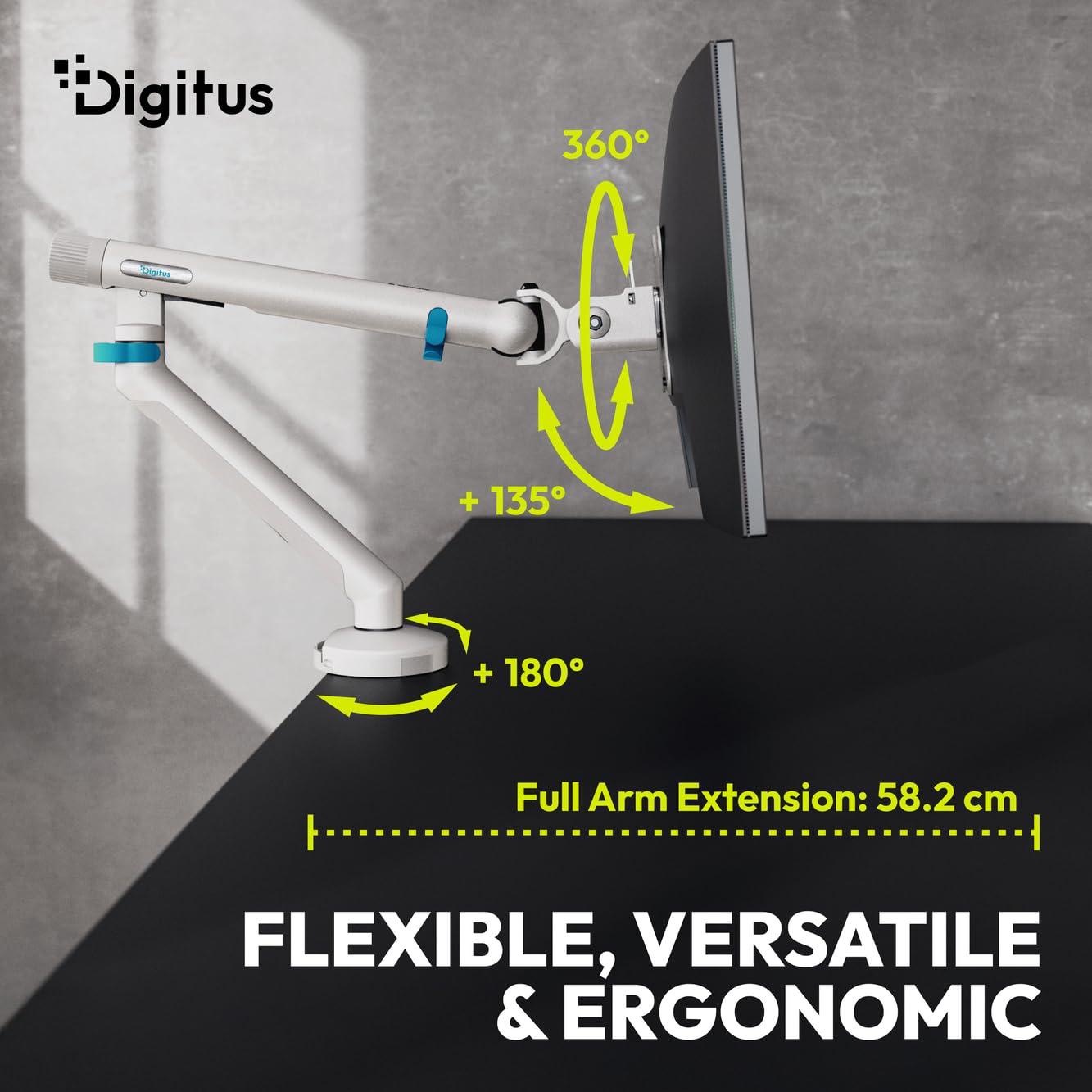 DIGITUS Supporto per monitor – un monitor – fino a 35 pollici – molla meccanica – carico massimo 10 kg – per schermi piatti e curvi – VESA 75x75, 100x100 – morsetto da tavolo – serie Design – bianco