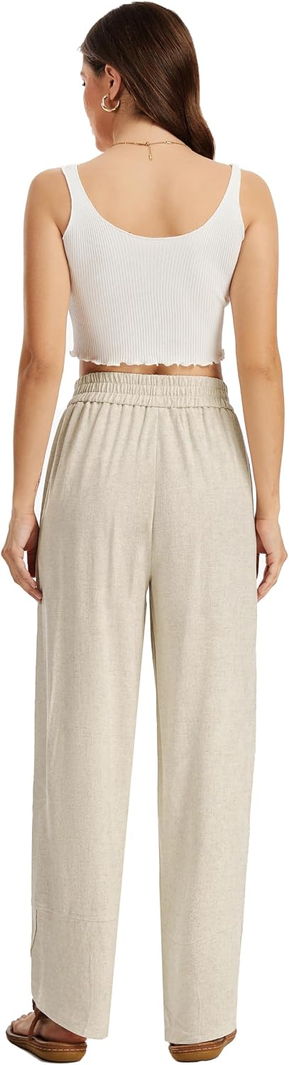 Womens Baggy Wide Leg Linen Pants Casual Elastic Waisted Palazzo Harem Pants Flowy Cropped Beach Trousers