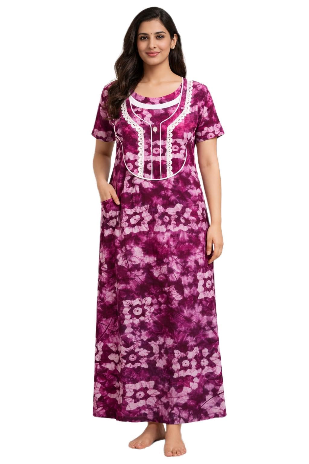 Pure Cotton Batik Print Nighty for Women, Full Length Maxi Night Dress with Embroidered Neck, Half Sleeve, Purple